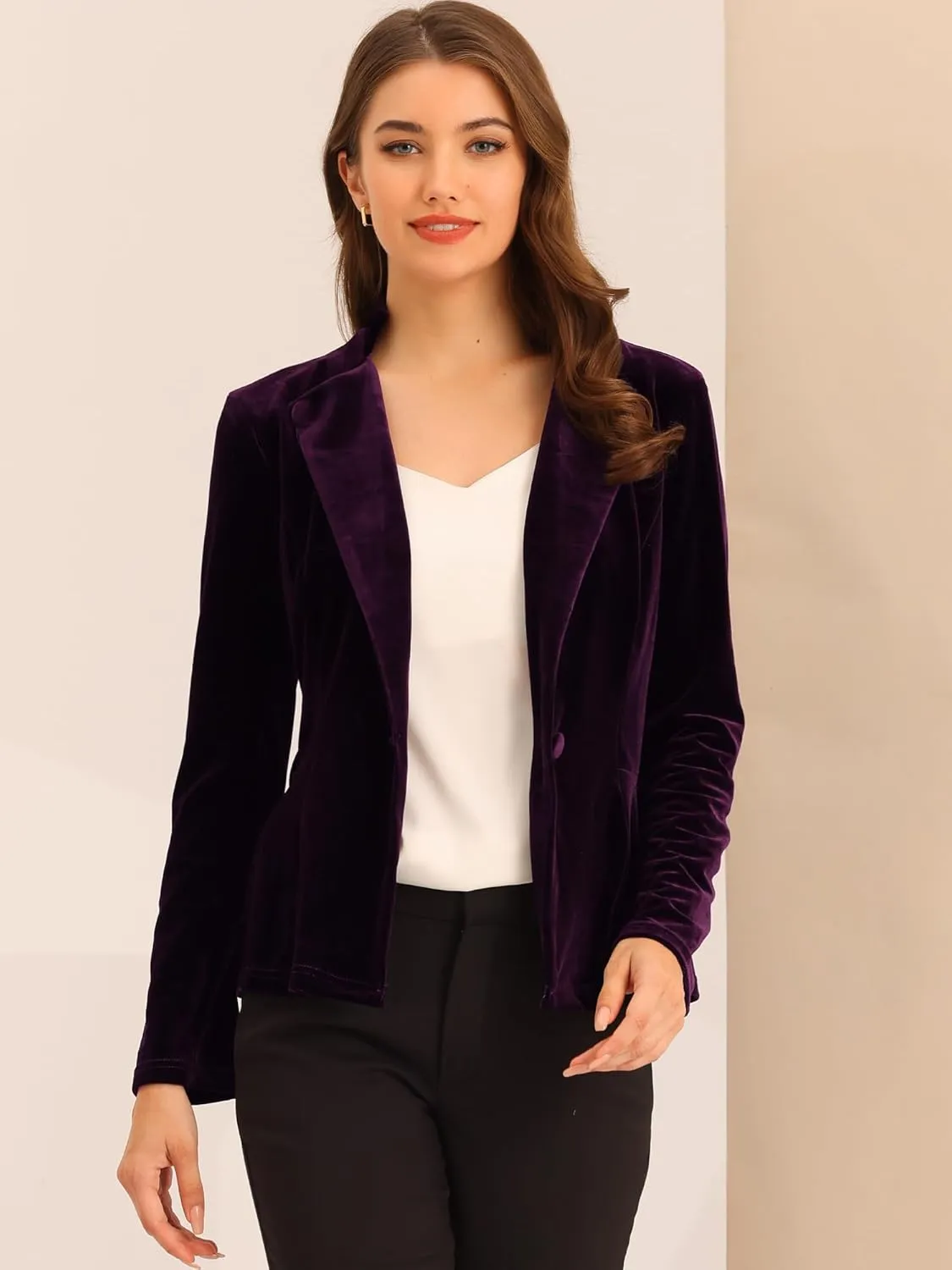 Allegra K Women's Work Office Velvet Belted Lapel Collar Blazer Jacket