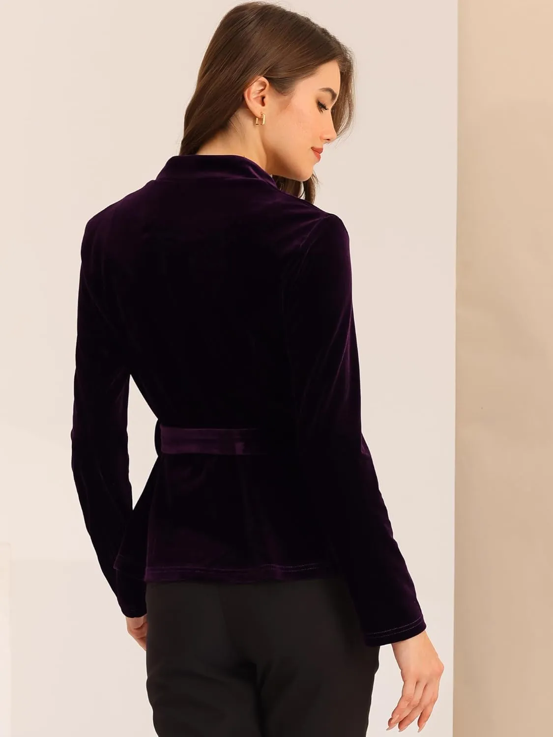 Allegra K Women's Work Office Velvet Belted Lapel Collar Blazer Jacket