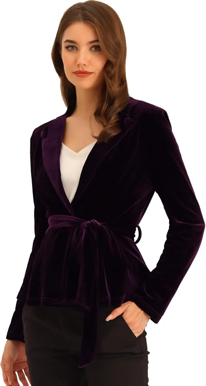 Allegra K Women's Work Office Velvet Belted Lapel Collar Blazer Jacket