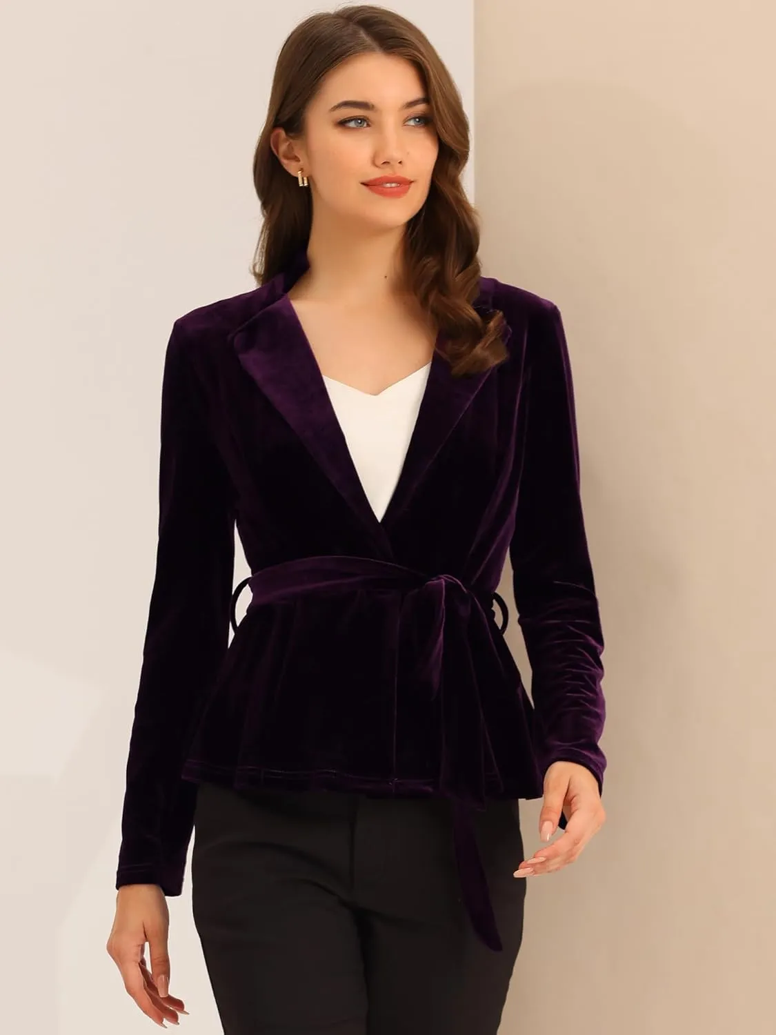 Allegra K Women's Work Office Velvet Belted Lapel Collar Blazer Jacket