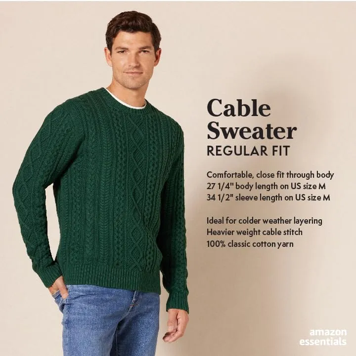 Amazon Essentials Men's Long-Sleeve 100% Cotton Fisherman Cable Crewneck Sweater, Red, XX-Large