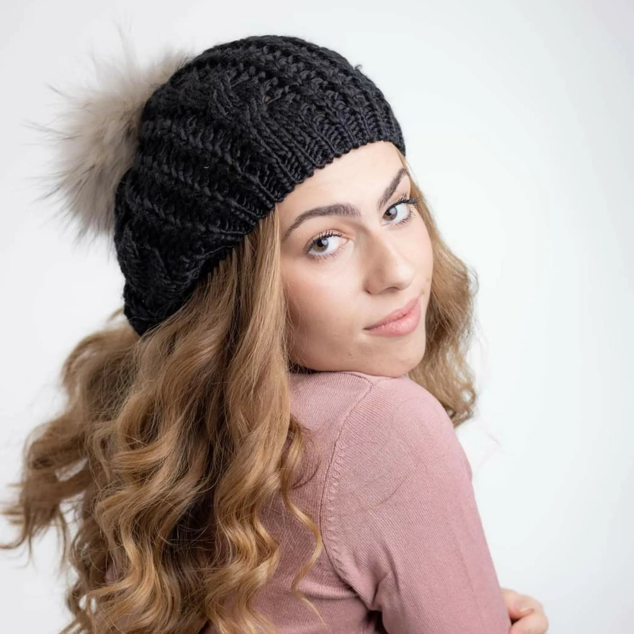 Black Cableknit Pom Beret by Valeri