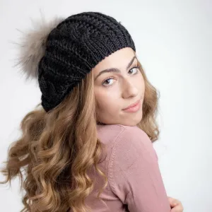 Black Cableknit Pom Beret by Valeri