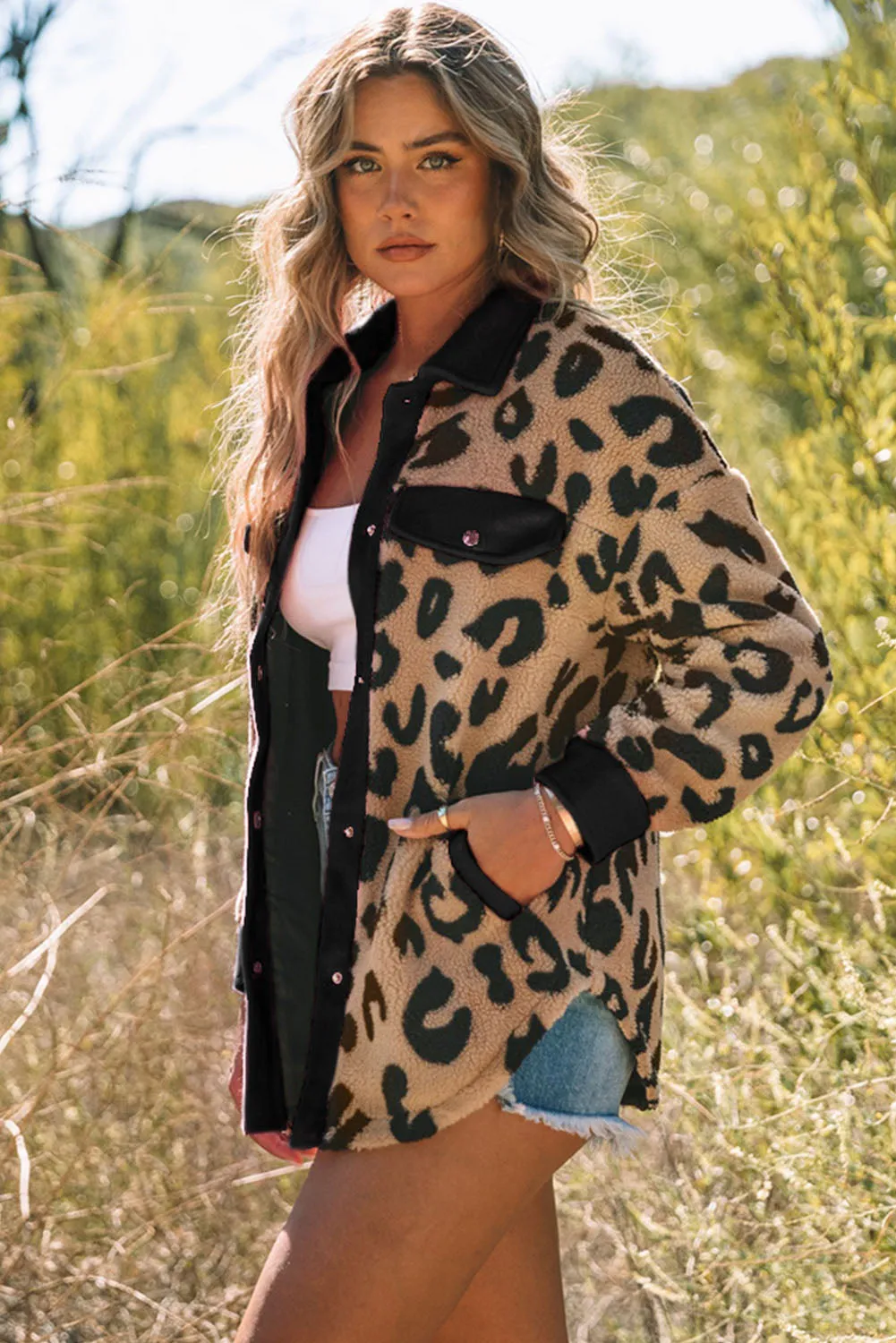Black Leopard Print Teddy Shacket