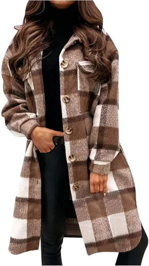 Canbebig Women Lounge Lapel Button Down Long Plaid Jacket Winter Boyfriend Tartan Shirt Jacket Shacket Wool Blend Trench Coat