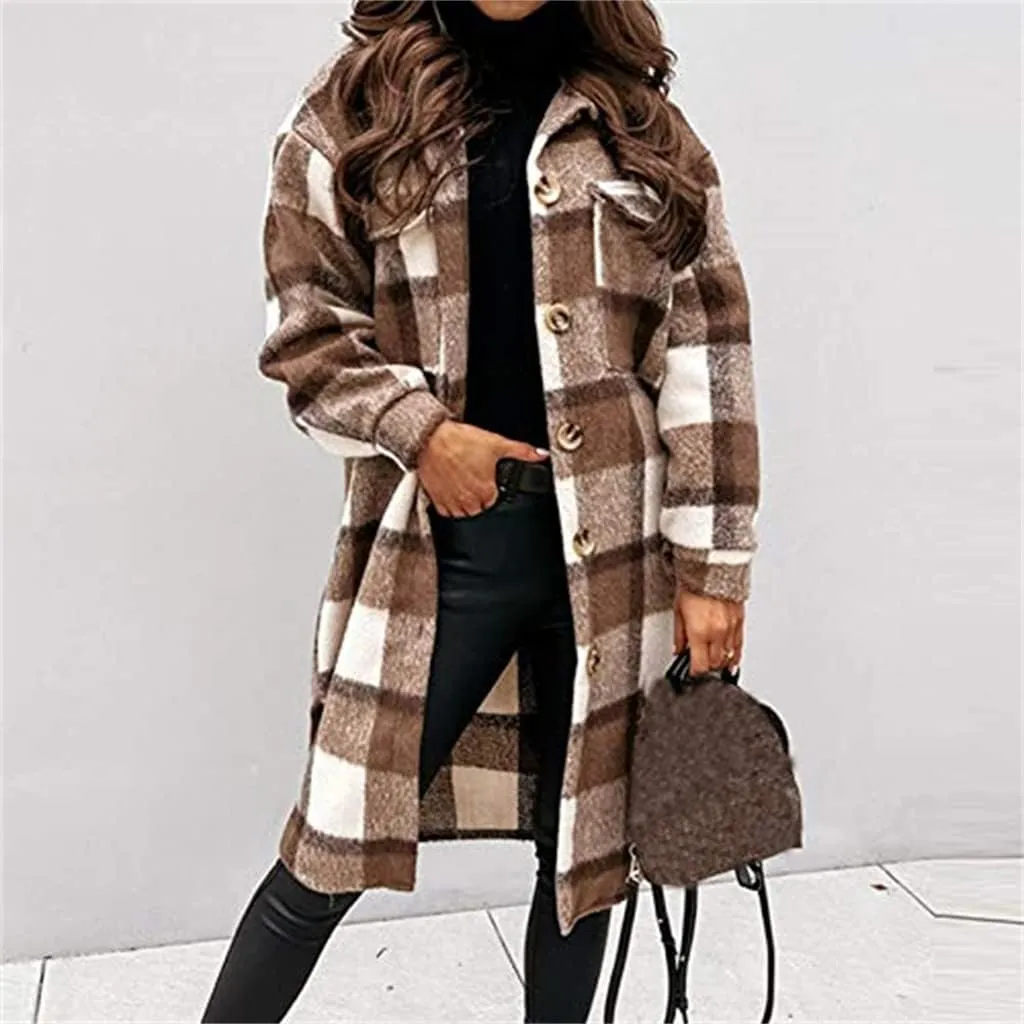 Canbebig Women Lounge Lapel Button Down Long Plaid Jacket Winter Boyfriend Tartan Shirt Jacket Shacket Wool Blend Trench Coat