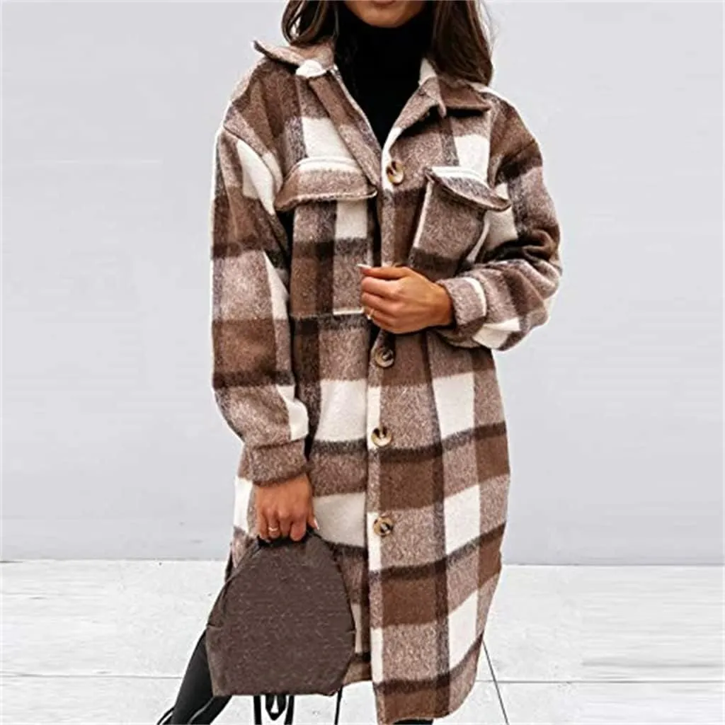 Canbebig Women Lounge Lapel Button Down Long Plaid Jacket Winter Boyfriend Tartan Shirt Jacket Shacket Wool Blend Trench Coat