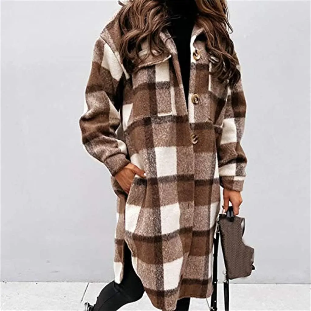 Canbebig Women Lounge Lapel Button Down Long Plaid Jacket Winter Boyfriend Tartan Shirt Jacket Shacket Wool Blend Trench Coat