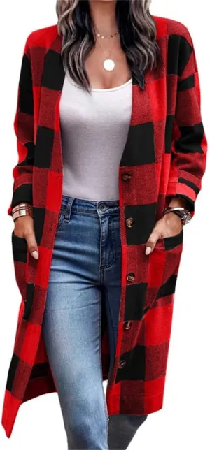 Canbebig Women Lounge Lapel Button Down Long Plaid Jacket Winter Boyfriend Tartan Shirt Jacket Shacket Wool Blend Trench Coat