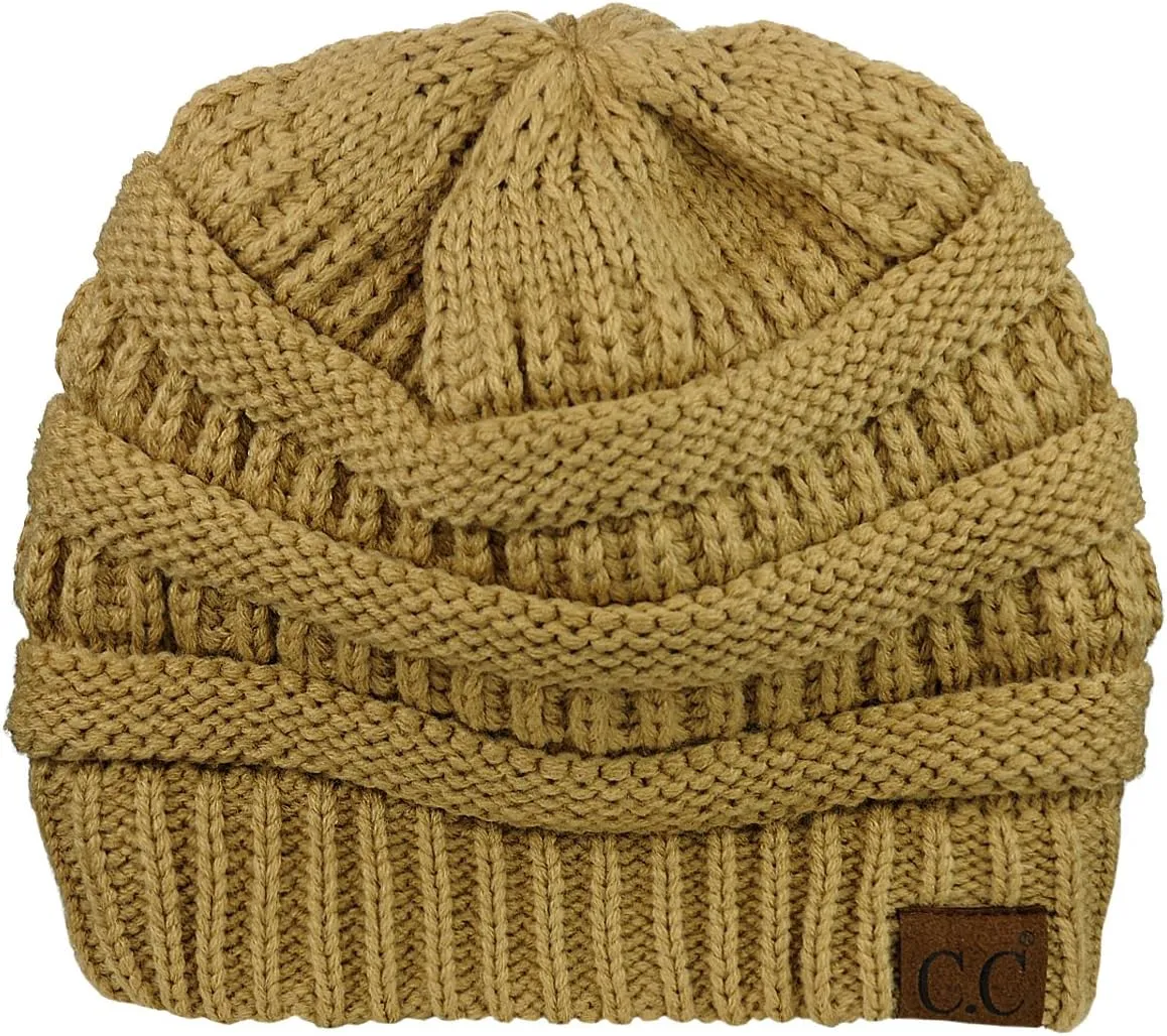 C.C Unisex Chunky Soft Stretch Cable Knit Warm Fuzzy Lined Skully Beanie