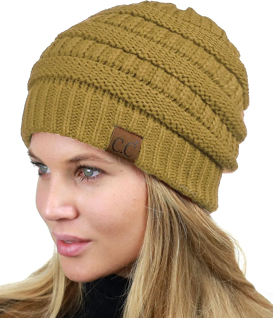 C.C Unisex Chunky Soft Stretch Cable Knit Warm Fuzzy Lined Skully Beanie