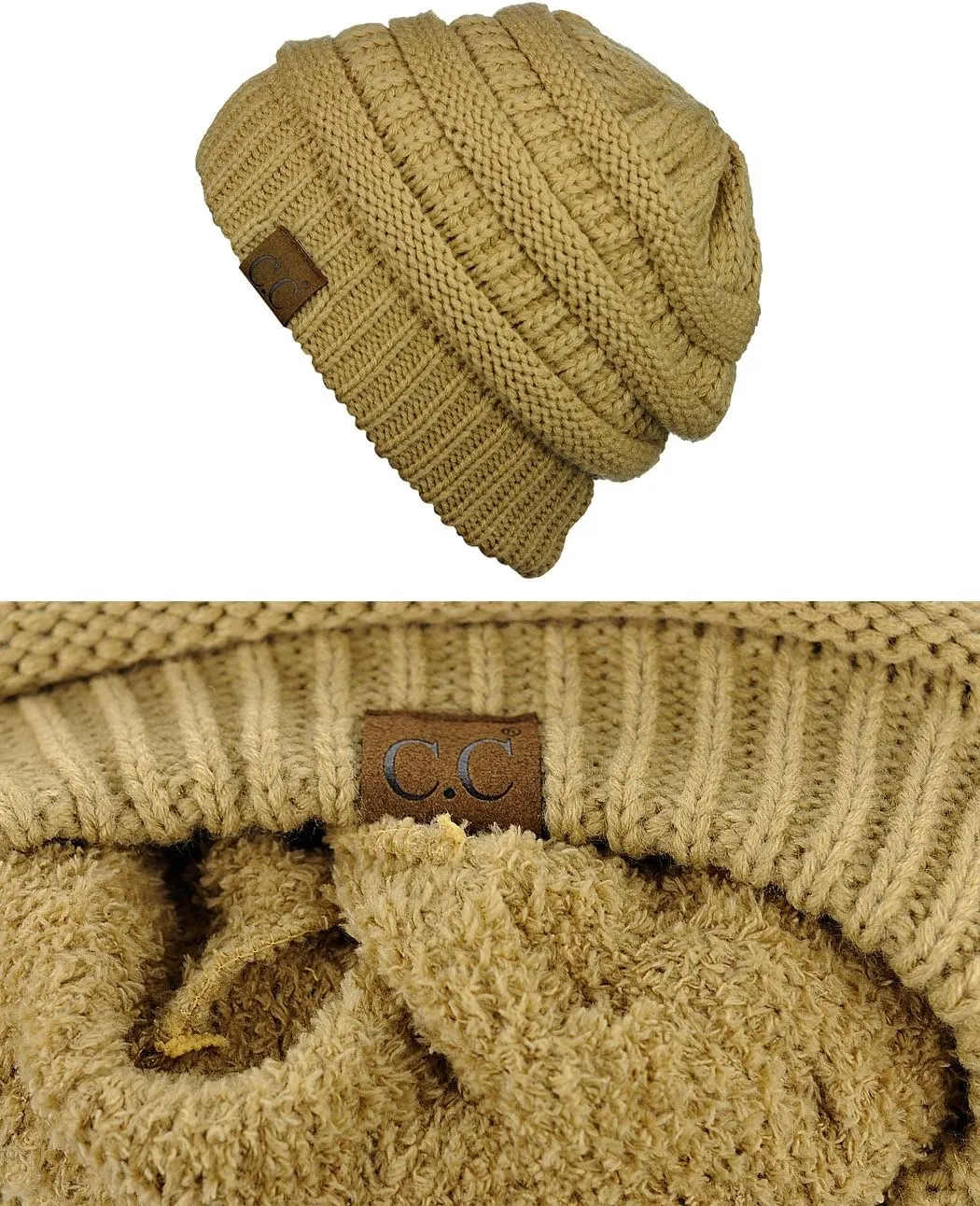 C.C Unisex Chunky Soft Stretch Cable Knit Warm Fuzzy Lined Skully Beanie