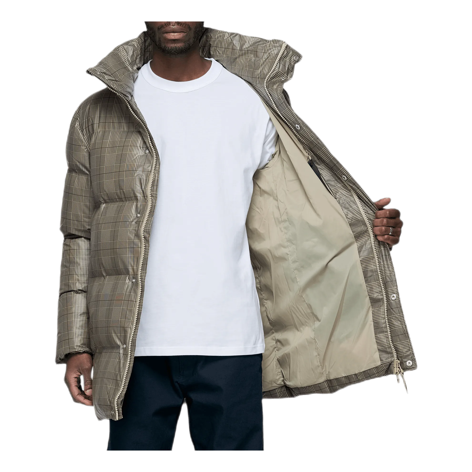 Check Puffer Coat Khaki