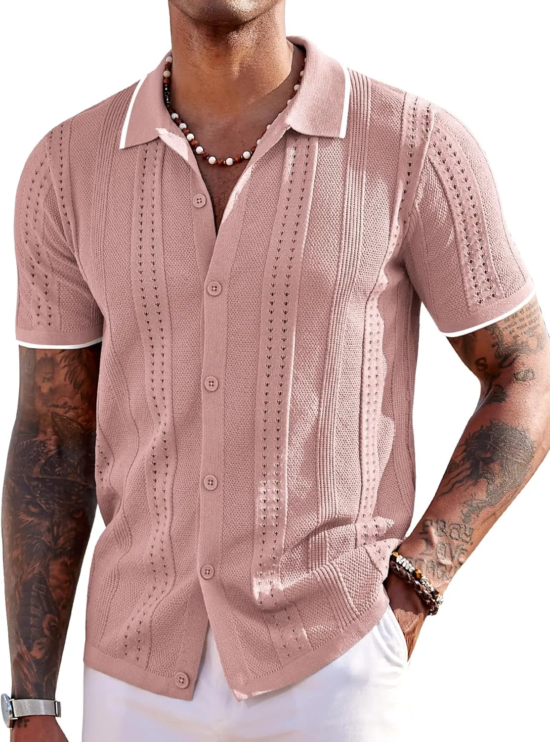 COOFANDY Men's Knit Shirts Short Sleeve Button Down Polo Shirt Fashion Casual Summer Beach Shirts