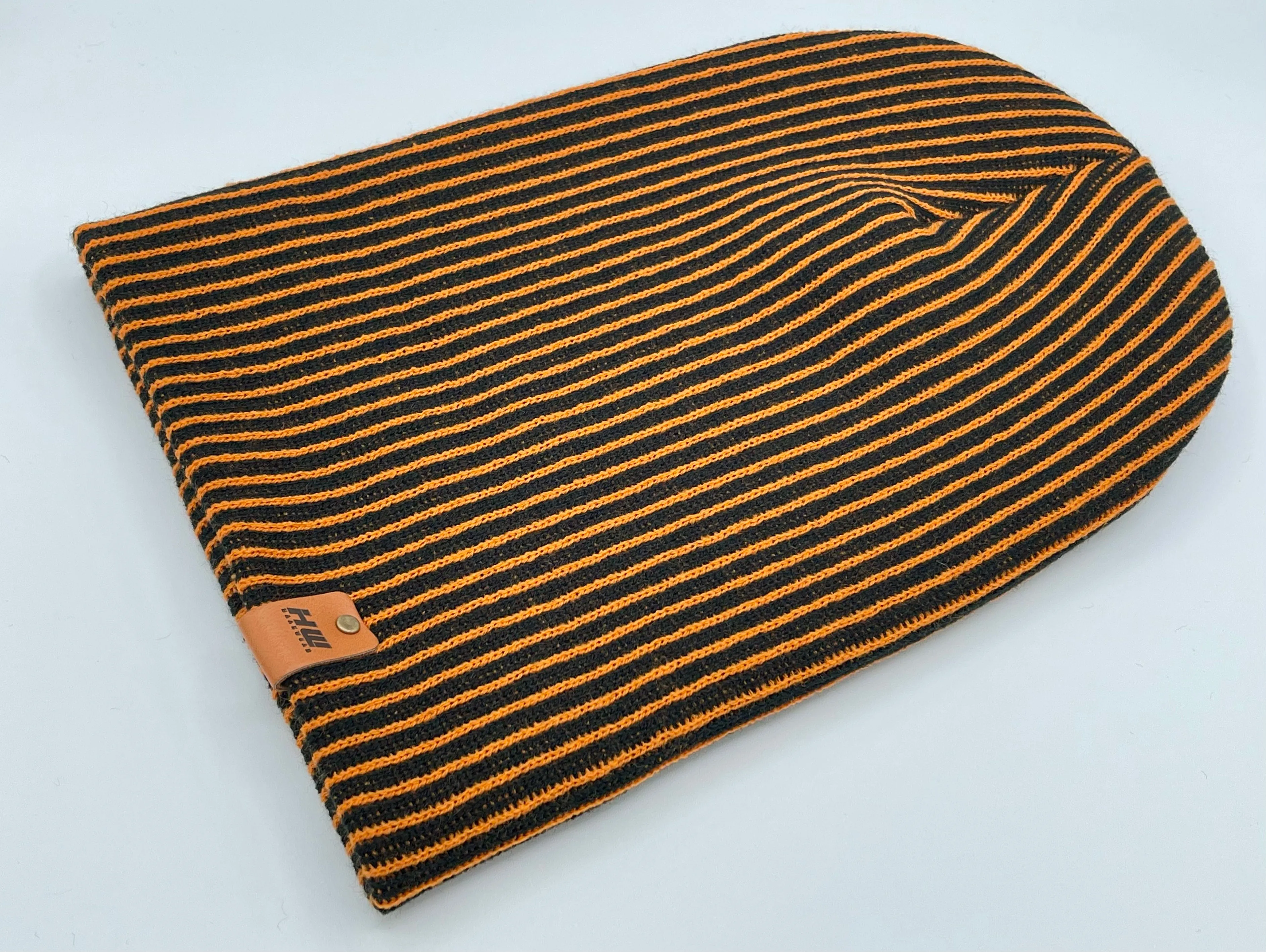 CTD507 HAAKWEAR Cuffed Wide Ribbed Striped Beanie / Hat, Limited Edition, Orange/Black, Made in USA
