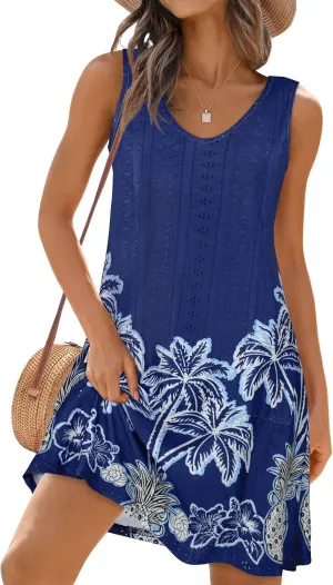 elescat Sundresses for Women Summer Beach V Neck Sleeveless Dress Swimsuit Coverup with Pockets
