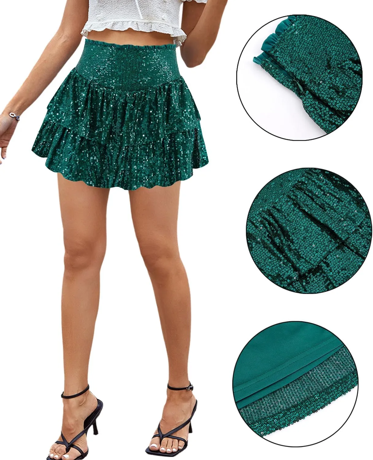 Erinaco Women Sparkly Sequin Mini Skirt High Waist Glitter Flared Pleated Night Out Party Short Skirts