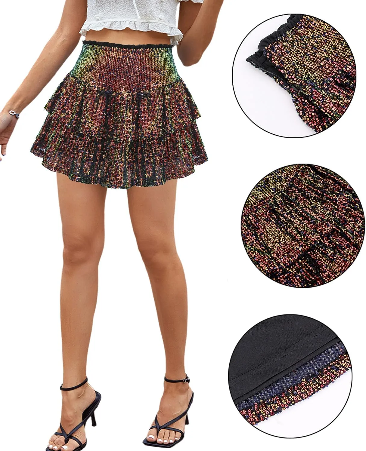Erinaco Women Sparkly Sequin Mini Skirt High Waist Glitter Flared Pleated Night Out Party Short Skirts