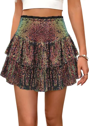 Erinaco Women Sparkly Sequin Mini Skirt High Waist Glitter Flared Pleated Night Out Party Short Skirts