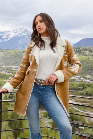 Faux Suede Shearling Embroidered Coat Camel
