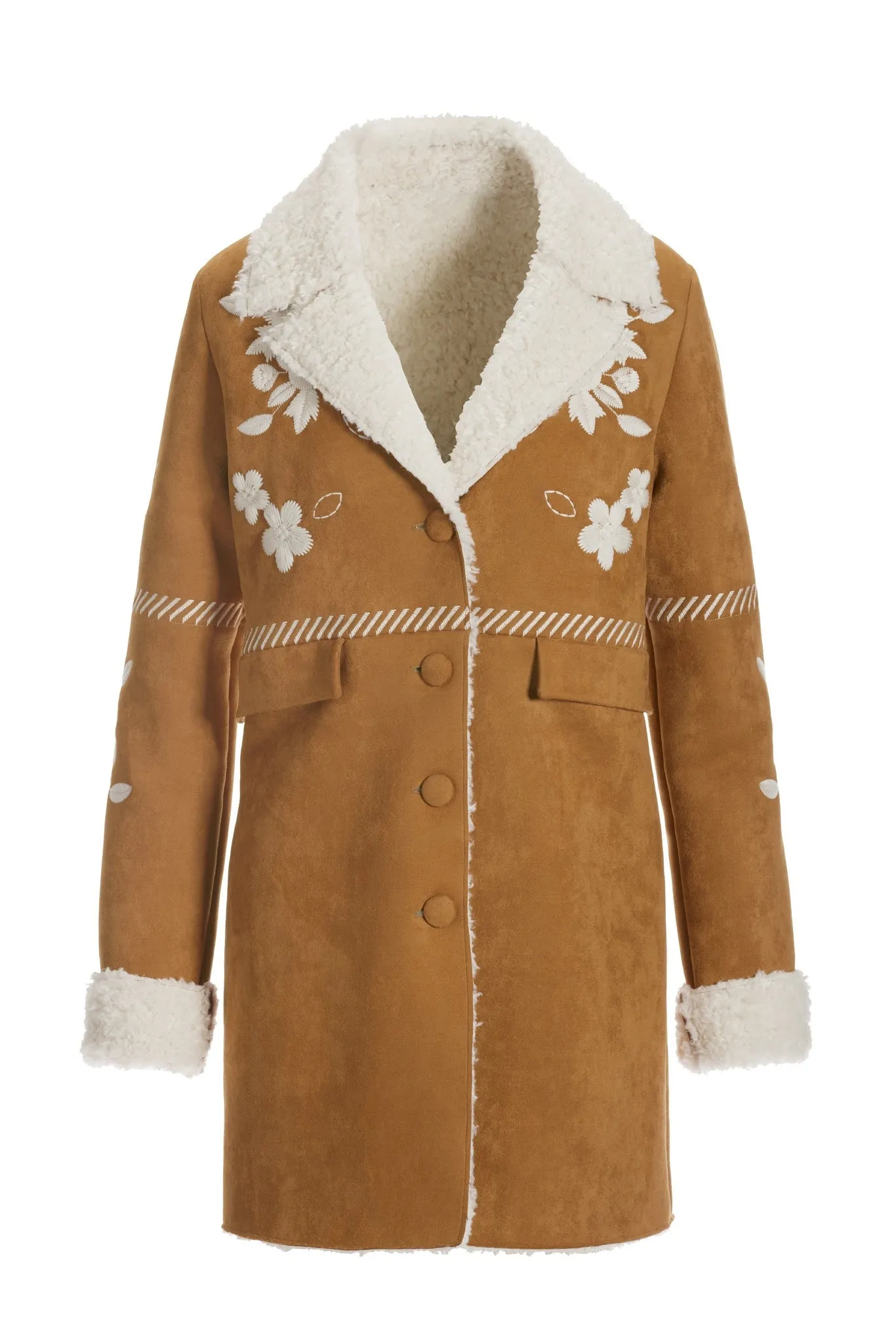 Faux Suede Shearling Embroidered Coat Camel