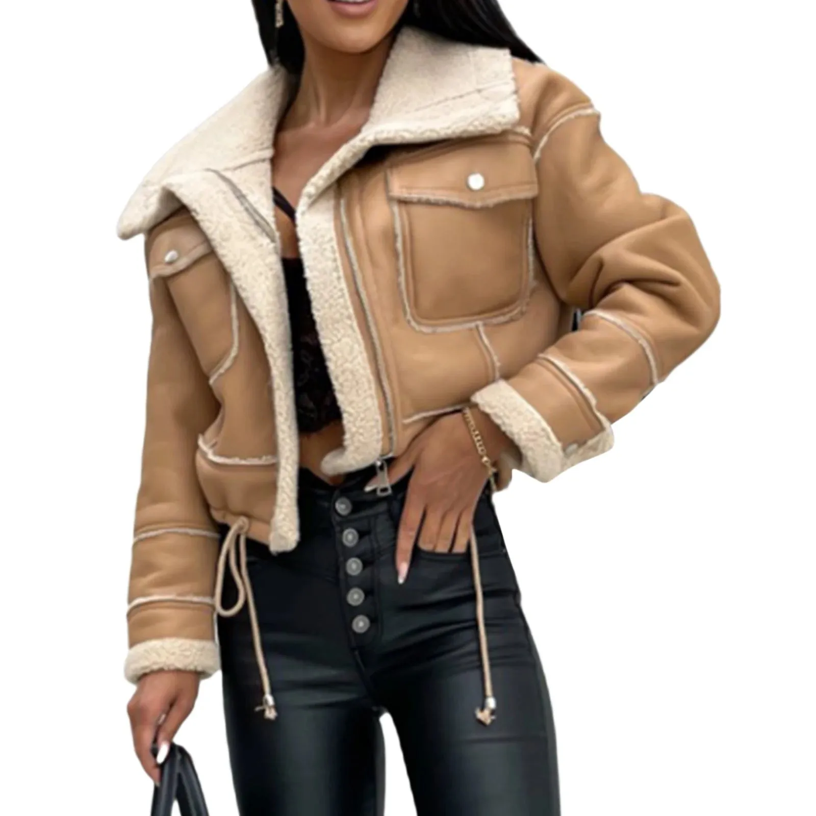 Frauen Winter Jacke Einfarbig Straße Mantel Lange Sleeve Zipper Verschluss Patchwork Warme Outwear mit Taschen