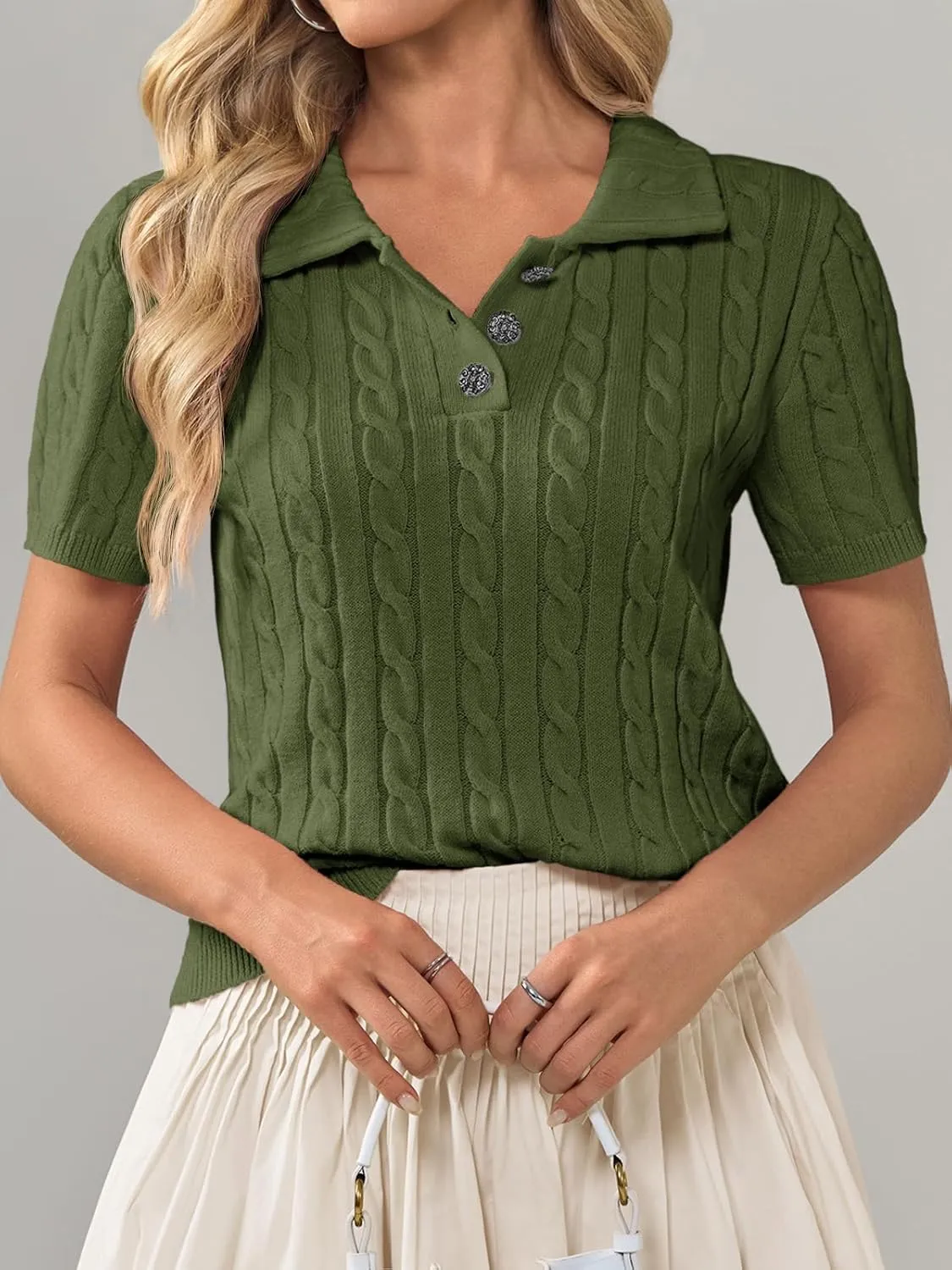 Imily Bela Womens Short Sleeve Sweater Business Casual Polo V Neck Shirts Lightweight Cable Knit Pullover Summer Tops