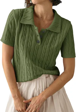 Imily Bela Womens Short Sleeve Sweater Business Casual Polo V Neck Shirts Lightweight Cable Knit Pullover Summer Tops