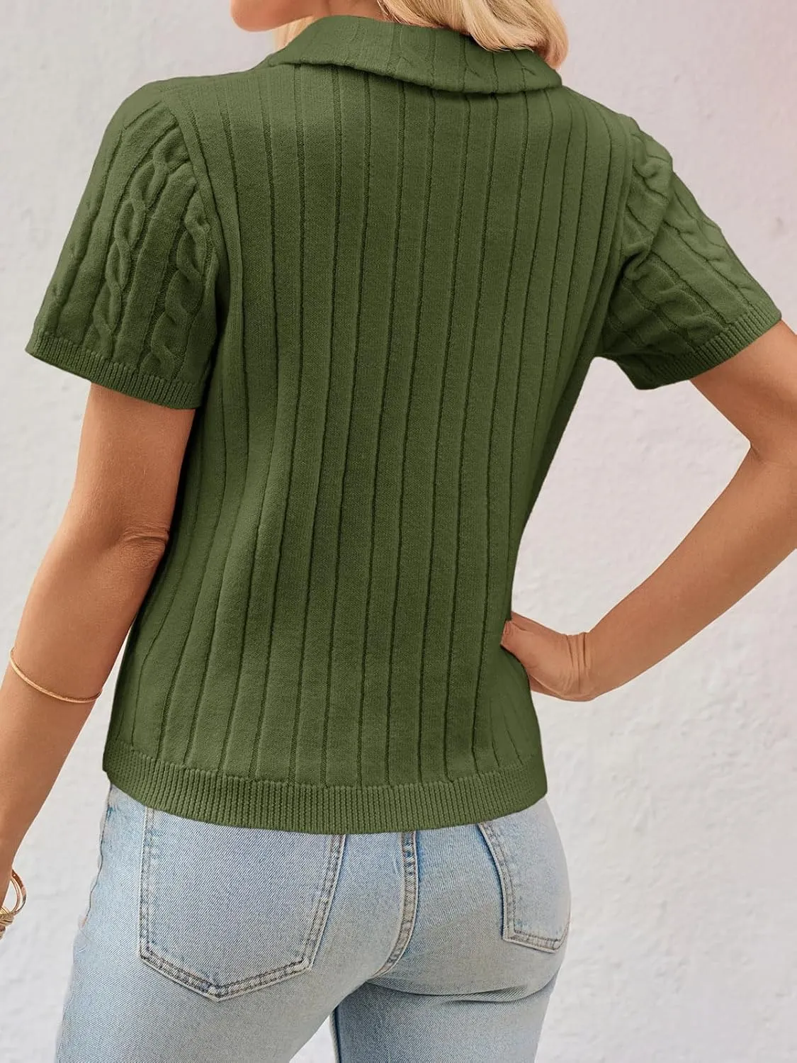 Imily Bela Womens Short Sleeve Sweater Business Casual Polo V Neck Shirts Lightweight Cable Knit Pullover Summer Tops