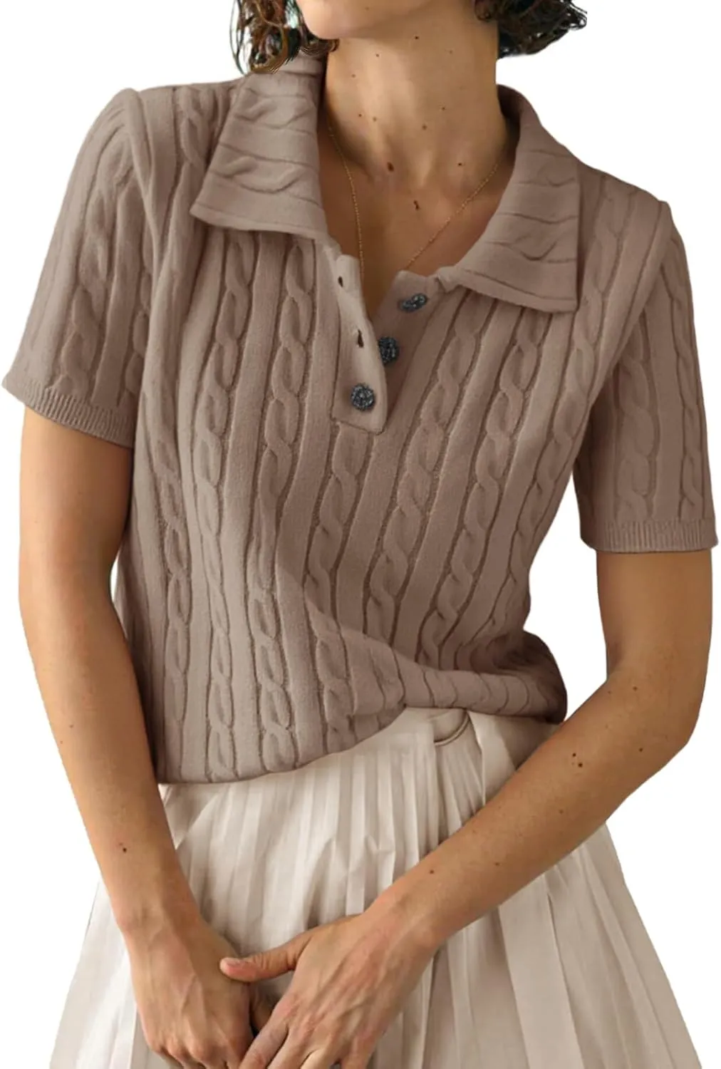 Imily Bela Womens Short Sleeve Sweater Business Casual Polo V Neck Shirts Lightweight Cable Knit Pullover Summer Tops