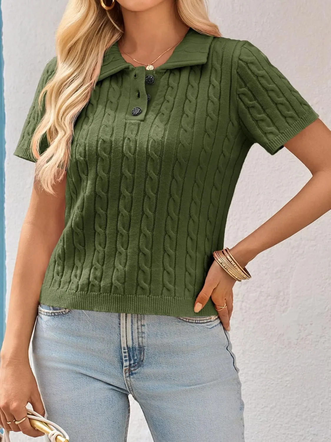 Imily Bela Womens Short Sleeve Sweater Business Casual Polo V Neck Shirts Lightweight Cable Knit Pullover Summer Tops
