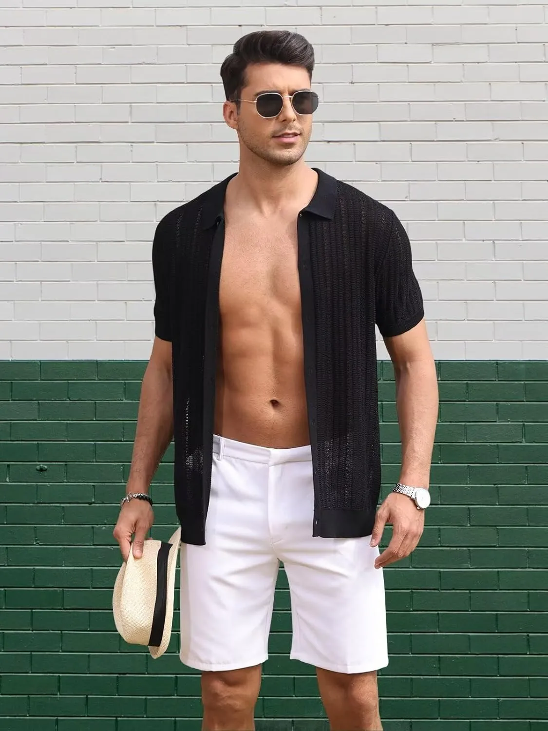 Knit Shirts for Men Vintage Short Sleeve Button Down Shirts Summer Stretch Fit Textured Beach Polo Tops