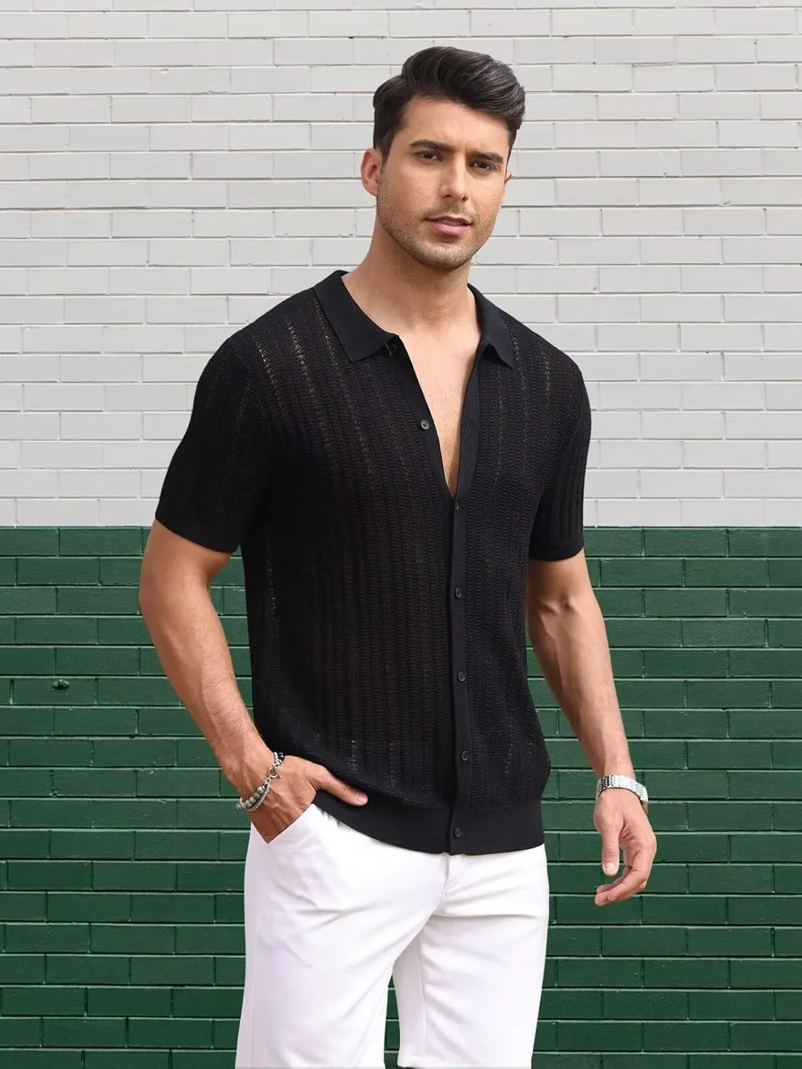 Knit Shirts for Men Vintage Short Sleeve Button Down Shirts Summer Stretch Fit Textured Beach Polo Tops