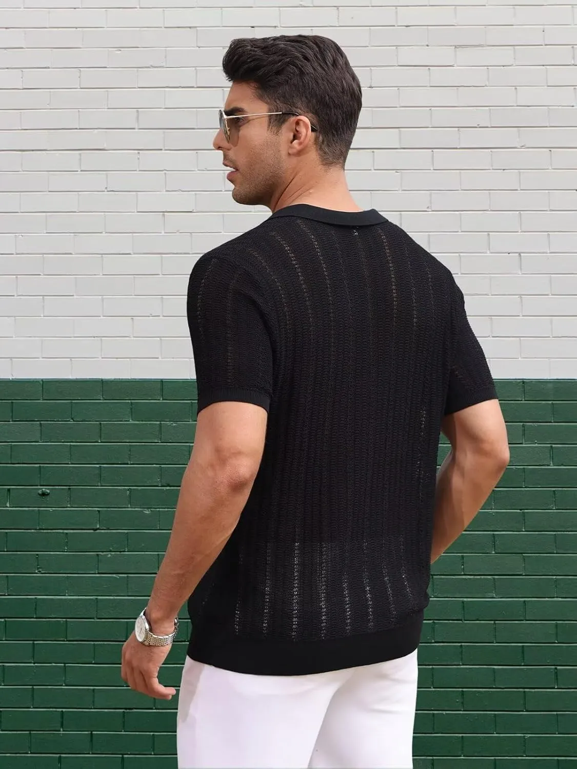 Knit Shirts for Men Vintage Short Sleeve Button Down Shirts Summer Stretch Fit Textured Beach Polo Tops