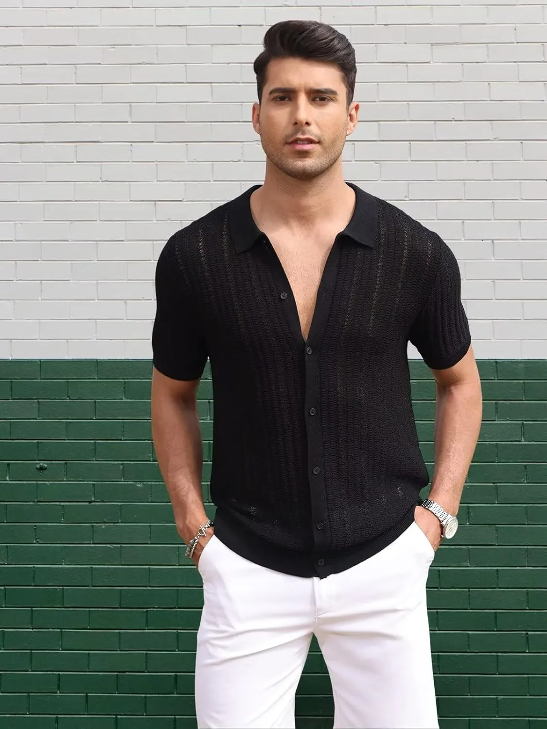 Knit Shirts for Men Vintage Short Sleeve Button Down Shirts Summer Stretch Fit Textured Beach Polo Tops