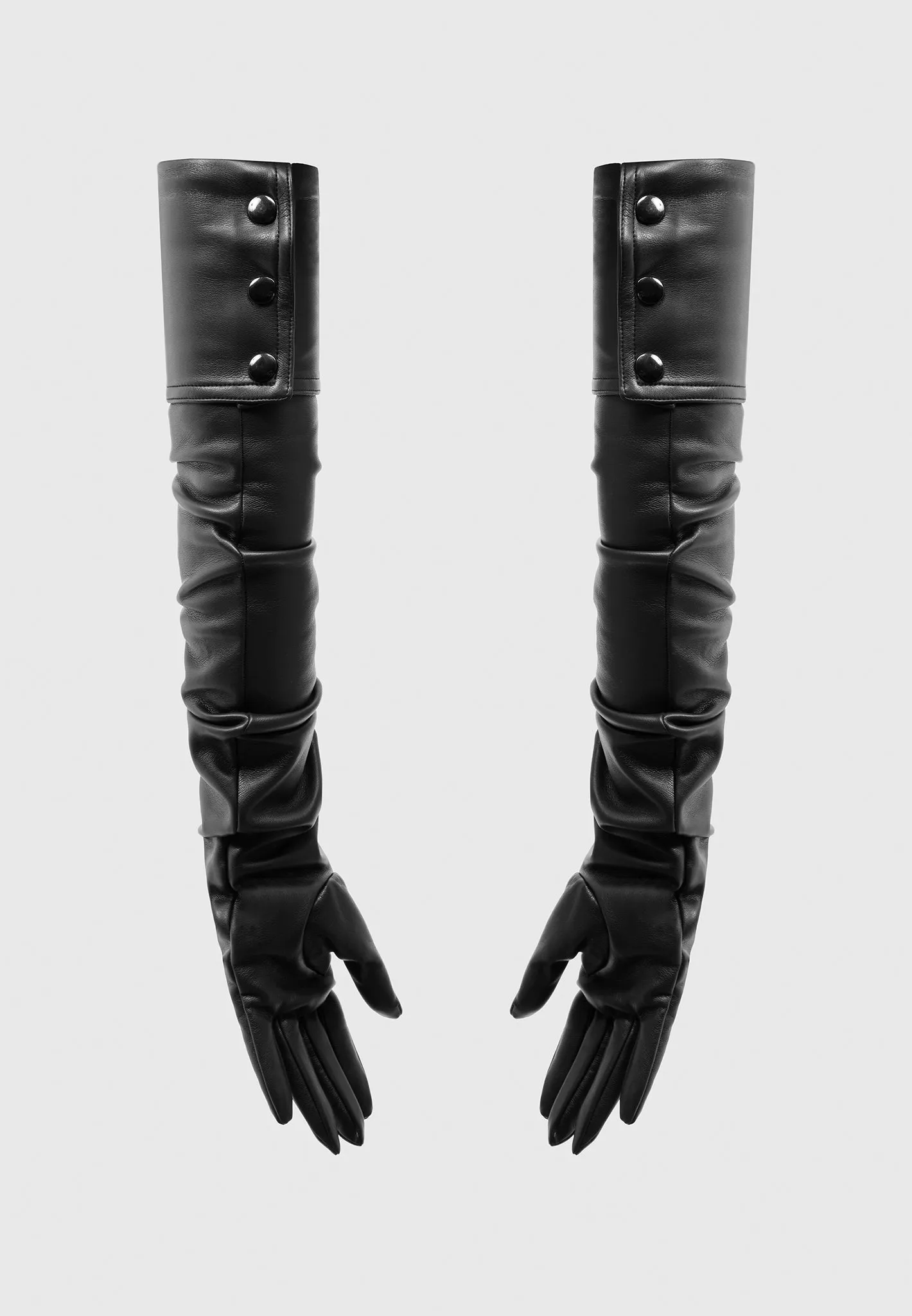Leather Ruched Long Gloves - Black