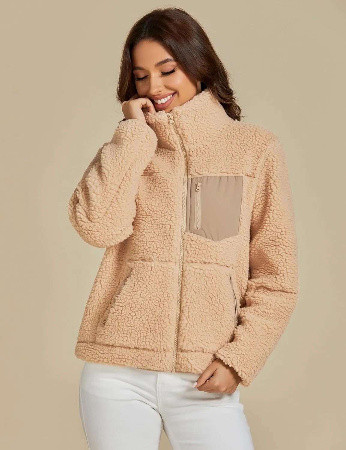 luvamia Sherpa Jackets for Women Trendy Zip Up Long Sleeve Winter Fall Casual Warm Fleece Coat Jackets with Pockets