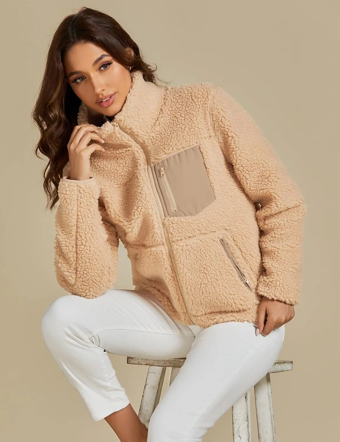 luvamia Sherpa Jackets for Women Trendy Zip Up Long Sleeve Winter Fall Casual Warm Fleece Coat Jackets with Pockets