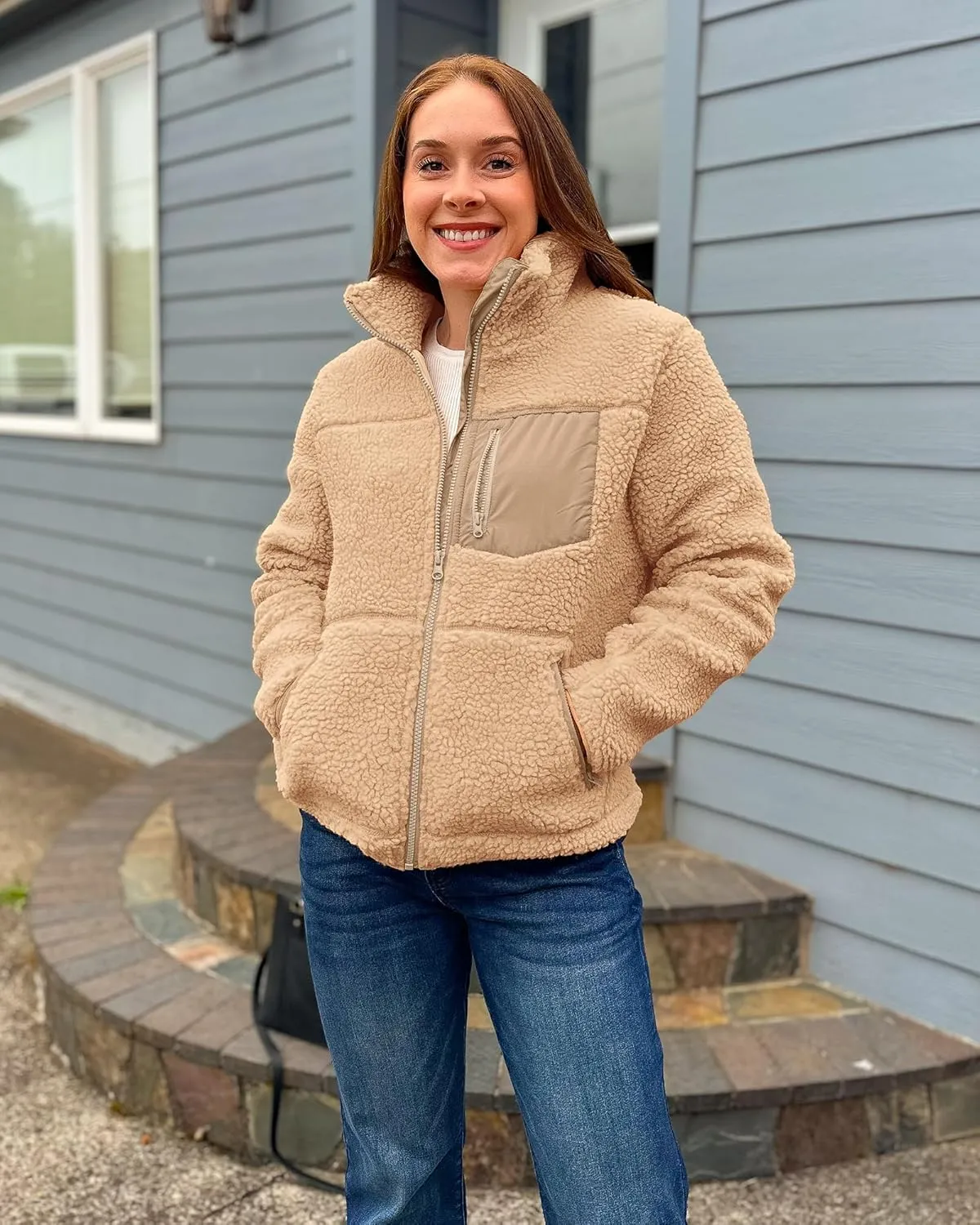 luvamia Sherpa Jackets for Women Trendy Zip Up Long Sleeve Winter Fall Casual Warm Fleece Coat Jackets with Pockets