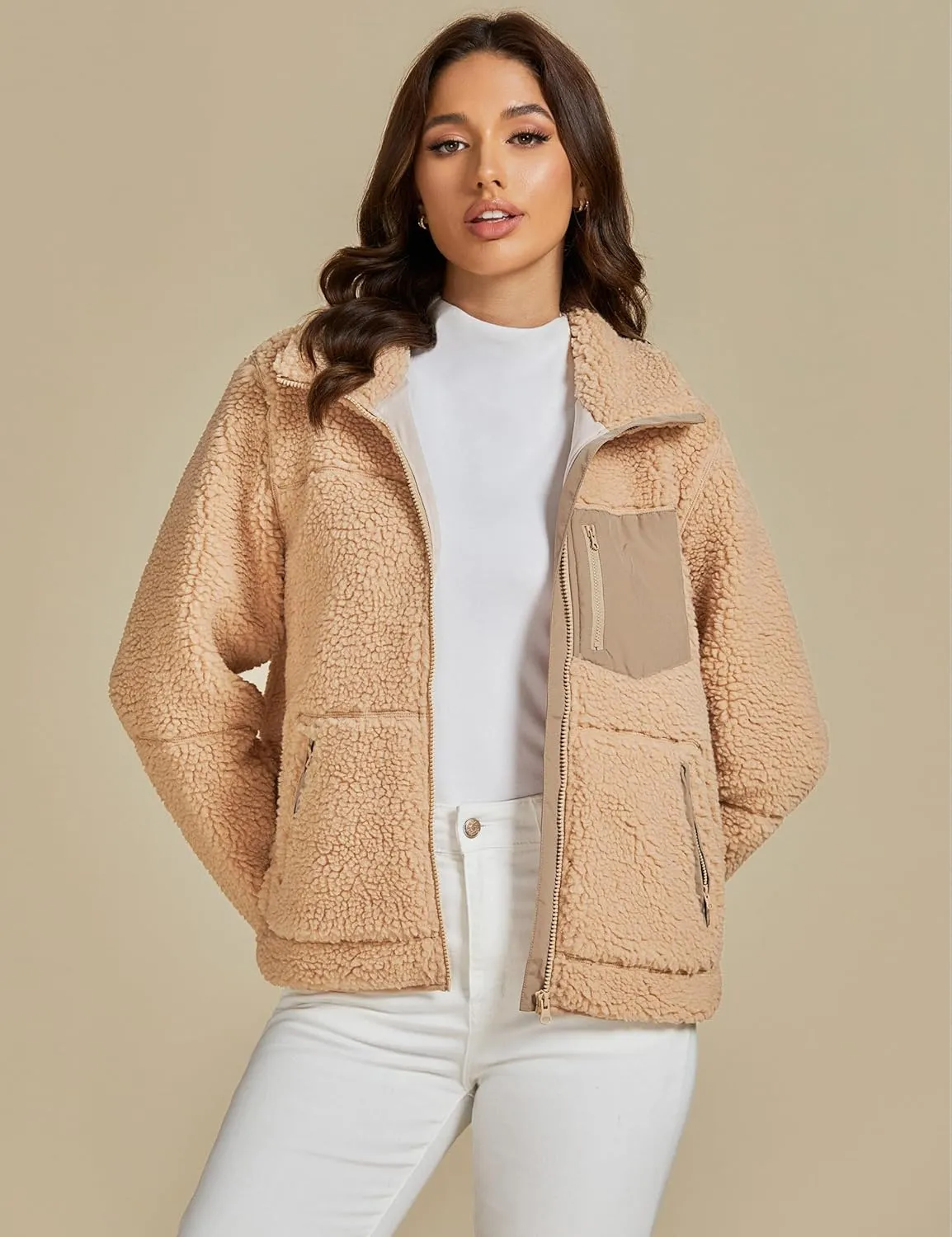luvamia Sherpa Jackets for Women Trendy Zip Up Long Sleeve Winter Fall Casual Warm Fleece Coat Jackets with Pockets