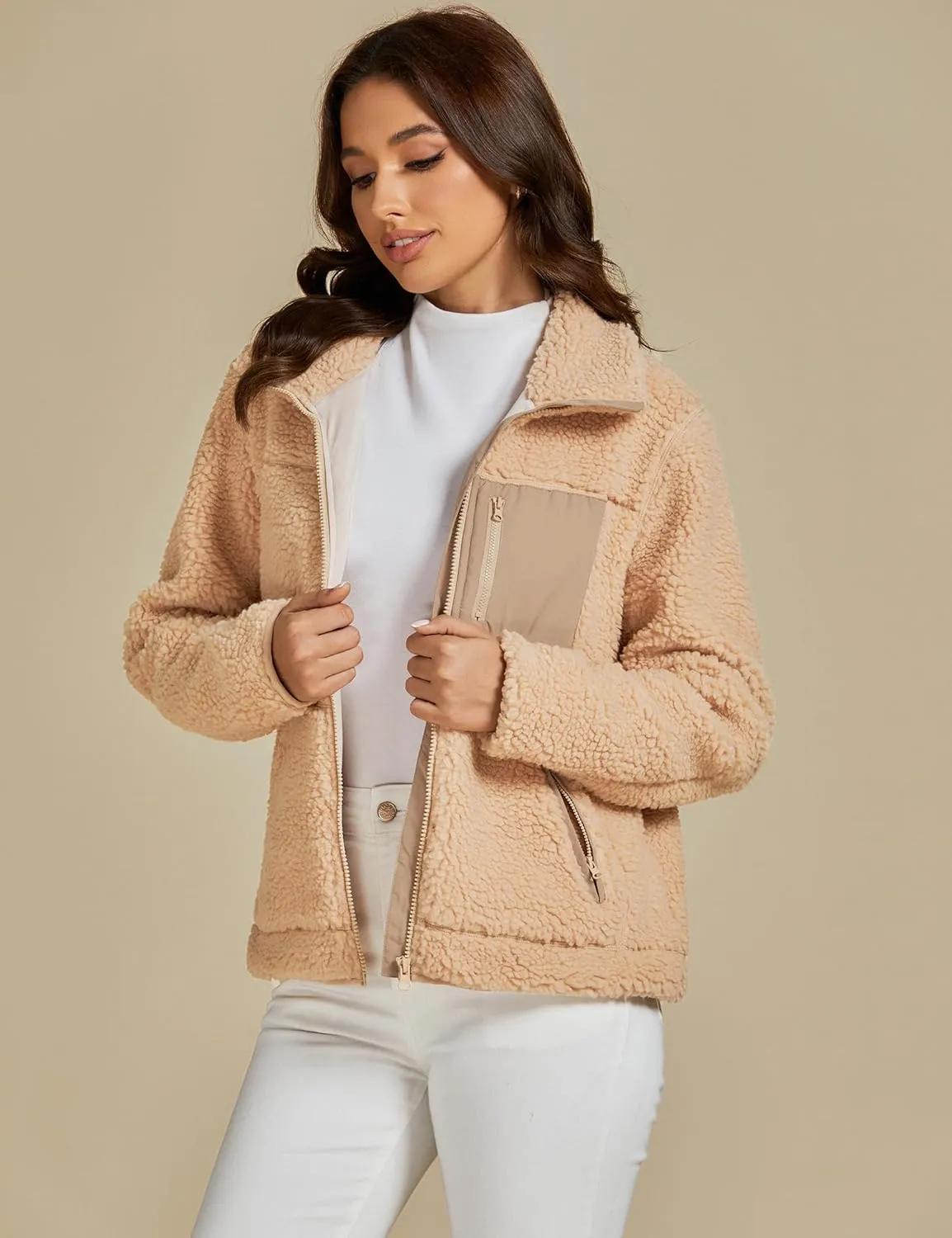 luvamia Sherpa Jackets for Women Trendy Zip Up Long Sleeve Winter Fall Casual Warm Fleece Coat Jackets with Pockets