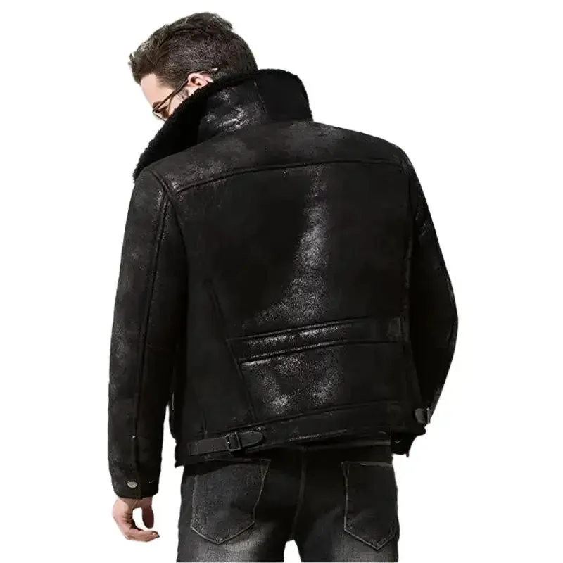 Men's Black Shearling Fur Pilot Leather Jacket – Warm & Stylish