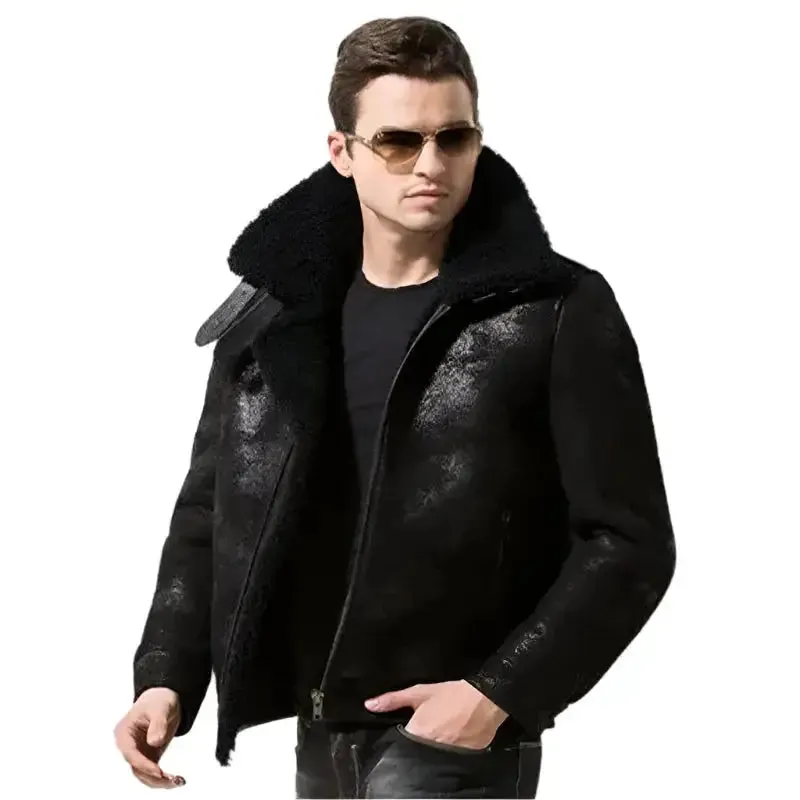 Men's Black Shearling Fur Pilot Leather Jacket – Warm & Stylish