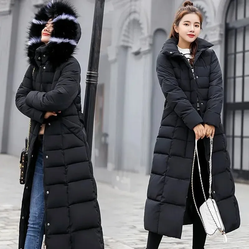 New Winter Over Knee Loose Large Fur Collar Hooded Warm Thick Parkas Women  Padded Overcoat