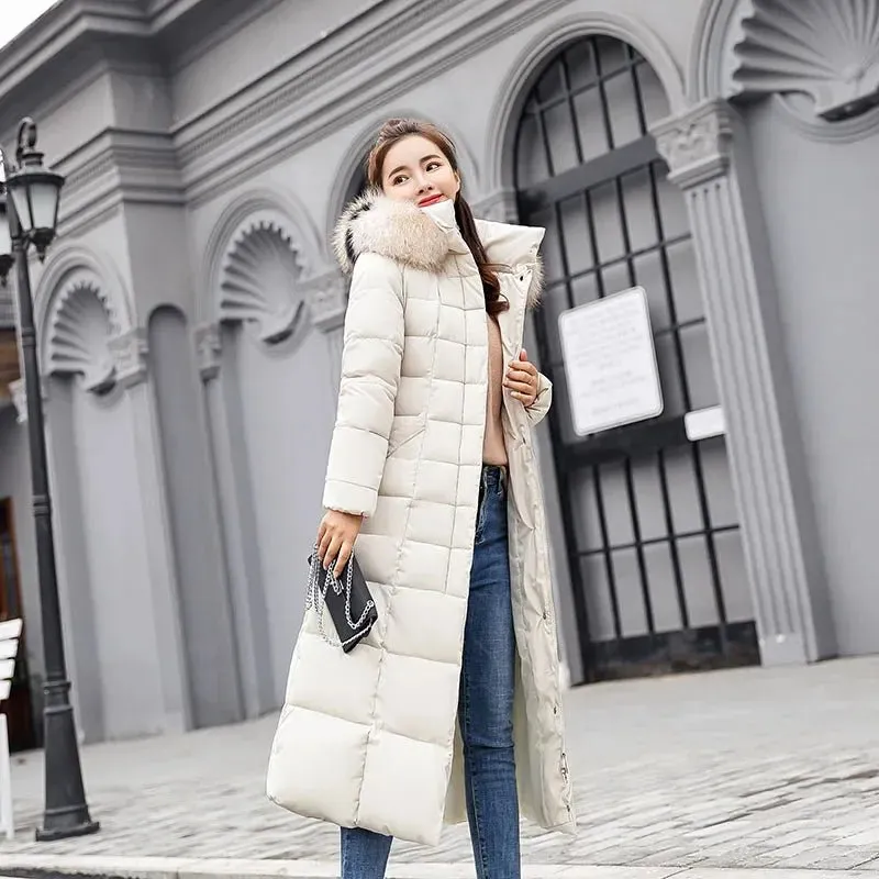 New Winter Over Knee Loose Large Fur Collar Hooded Warm Thick Parkas Women  Padded Overcoat