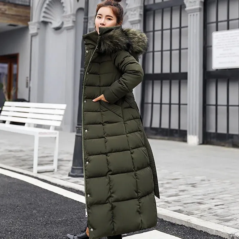 New Winter Over Knee Loose Large Fur Collar Hooded Warm Thick Parkas Women  Padded Overcoat