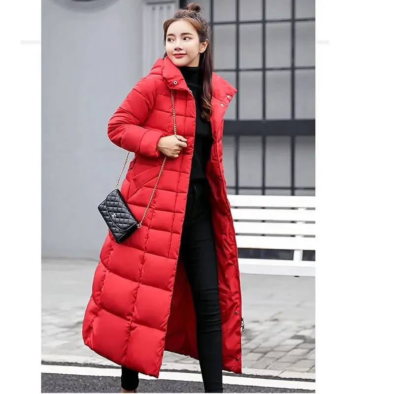 New Winter Over Knee Loose Large Fur Collar Hooded Warm Thick Parkas Women  Padded Overcoat
