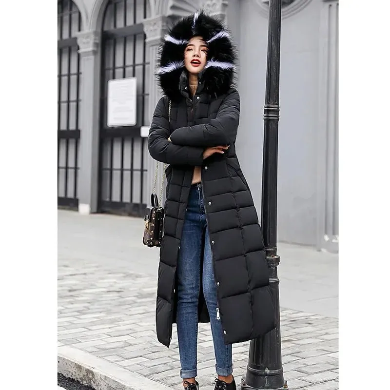 New Winter Over Knee Loose Large Fur Collar Hooded Warm Thick Parkas Women  Padded Overcoat