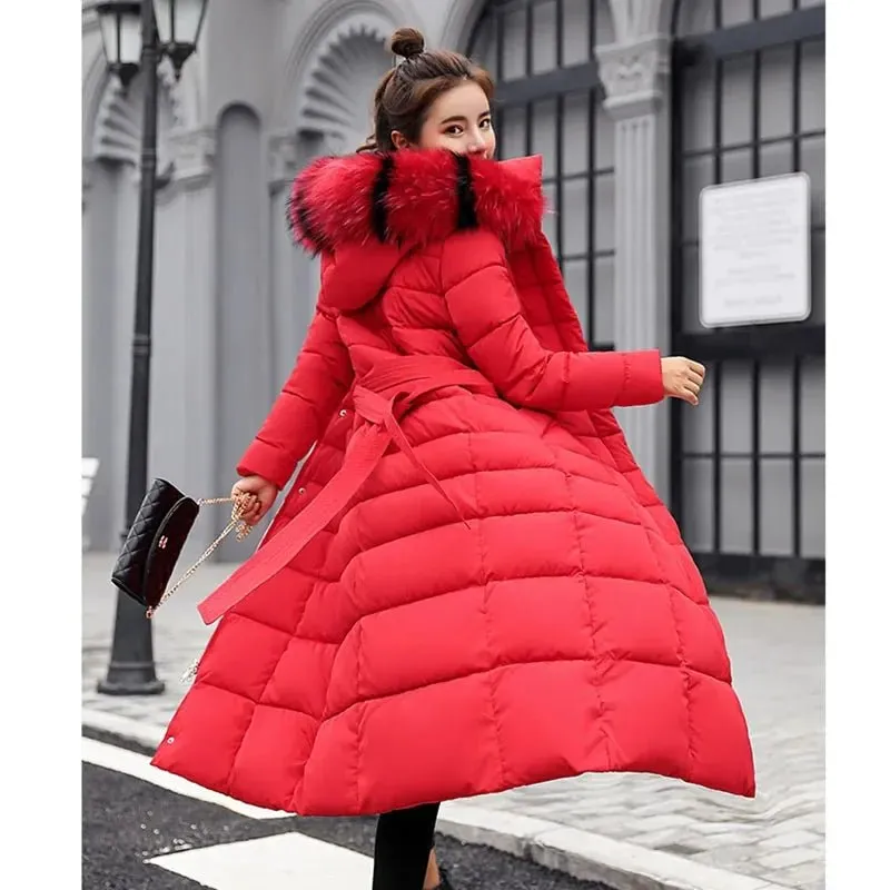 New Winter Over Knee Loose Large Fur Collar Hooded Warm Thick Parkas Women  Padded Overcoat