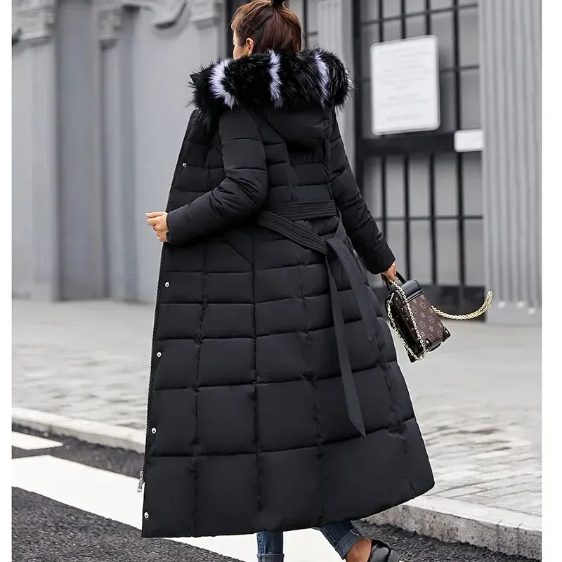 New Winter Over Knee Loose Large Fur Collar Hooded Warm Thick Parkas Women  Padded Overcoat